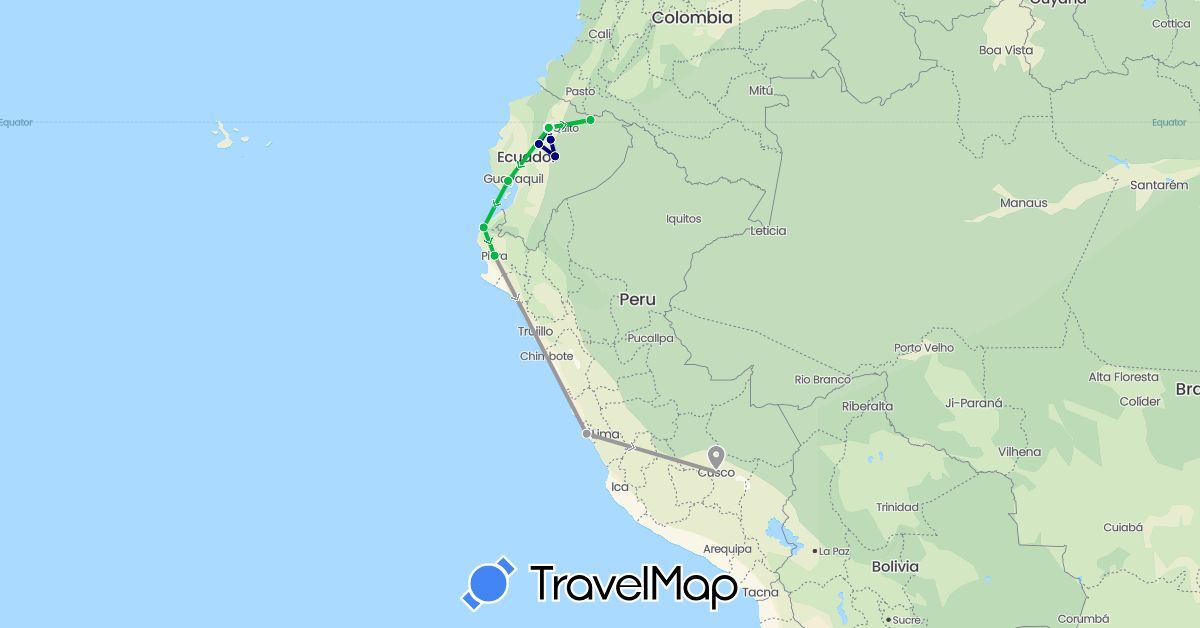 TravelMap itinerary: driving, bus, plane in Ecuador, Peru (South America)